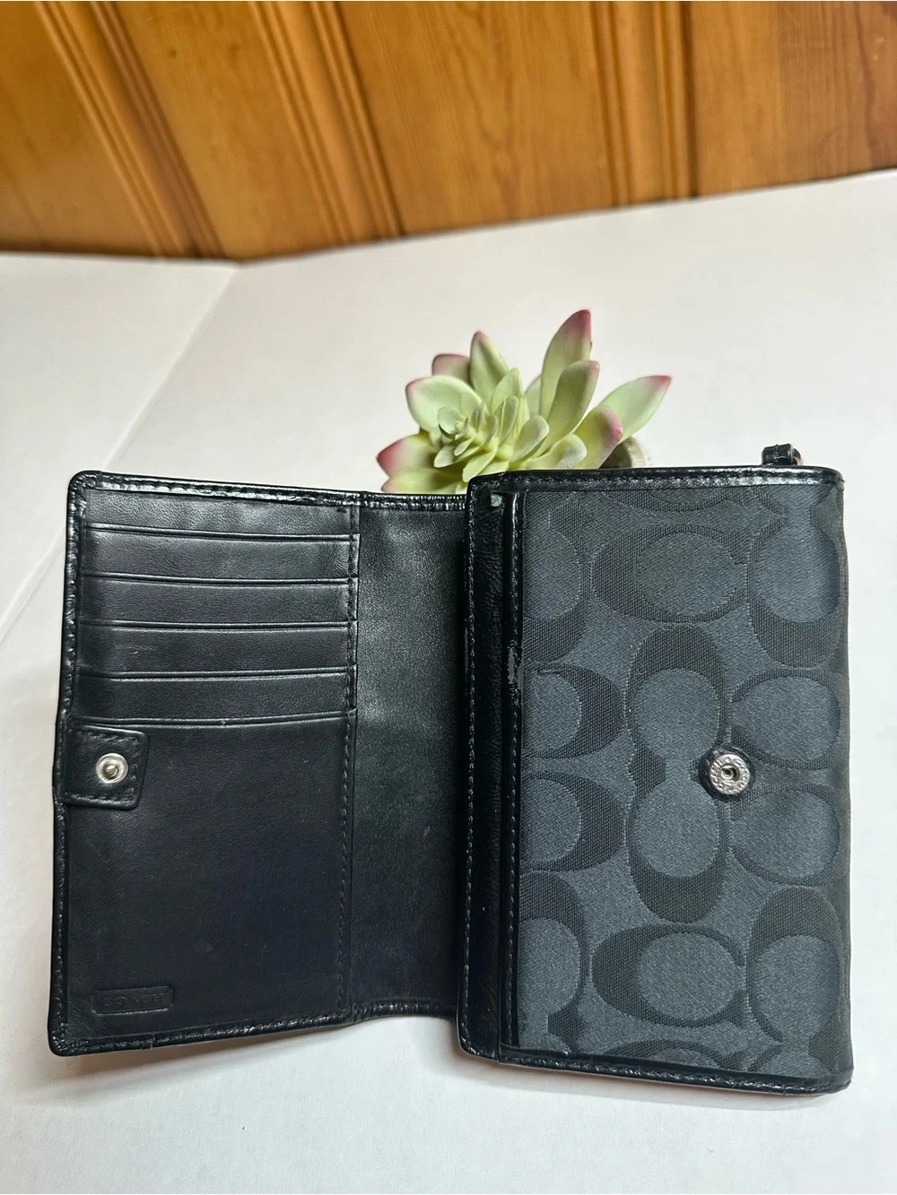 Coach Black Signature Logo Compact Wallet with Silver Logo